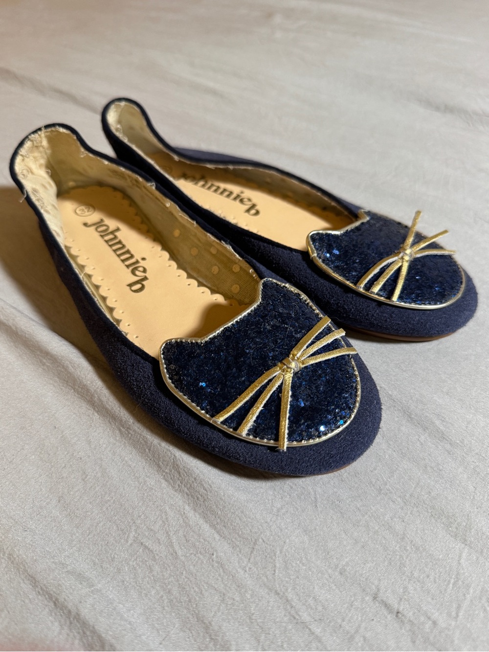 Johnnie B (Boden) Navy Glitter Cat Ballet Flats with Gold Trim